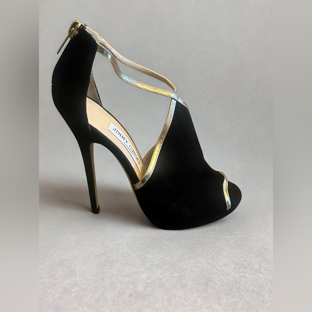 Designer JIMMY CHOO Fey Black Suede Sandal Heels (size 37.5/7).